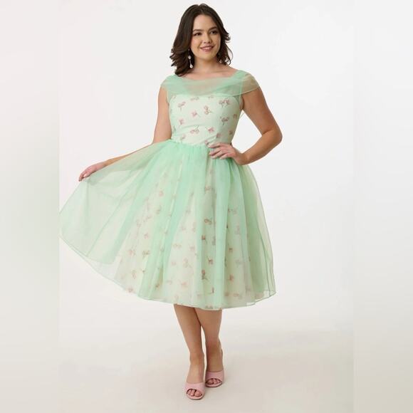 Unique Vintage x BARBIE Green Chiffon Floral Swing Dress 1960s NWOT Sz M #6 - Picture 1 of 9